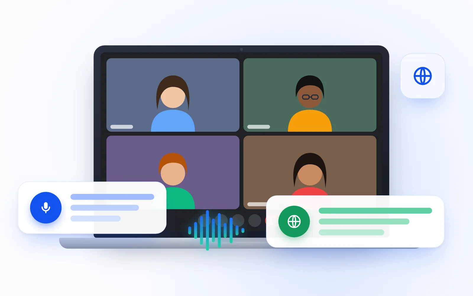 Illustration of a Zoom video call with live translated subtitles shown under the speakers