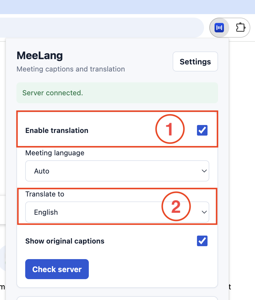 La finestra di MeeLang con Enable translation attivo e Translate to impostato su English