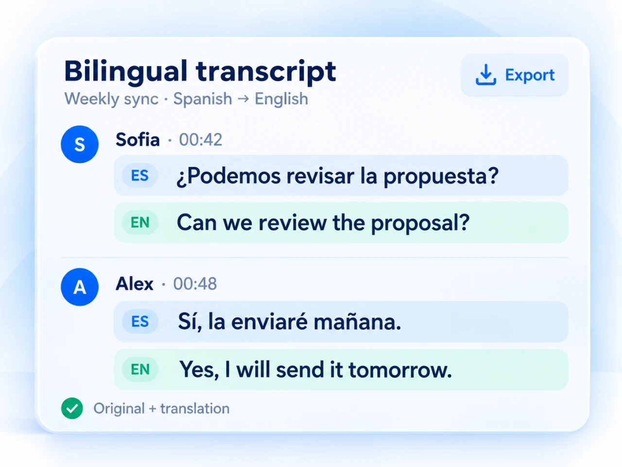 Bilingual transcript illustration showing Spanish speech paired with English translations, speaker names, timestamps and an export option