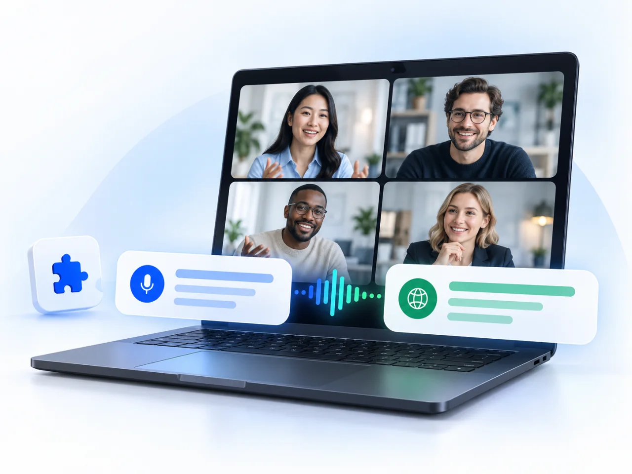 Traduttore Google Meet che mostra il parlato trasformato in sottotitoli bilingue durante una videochiamata