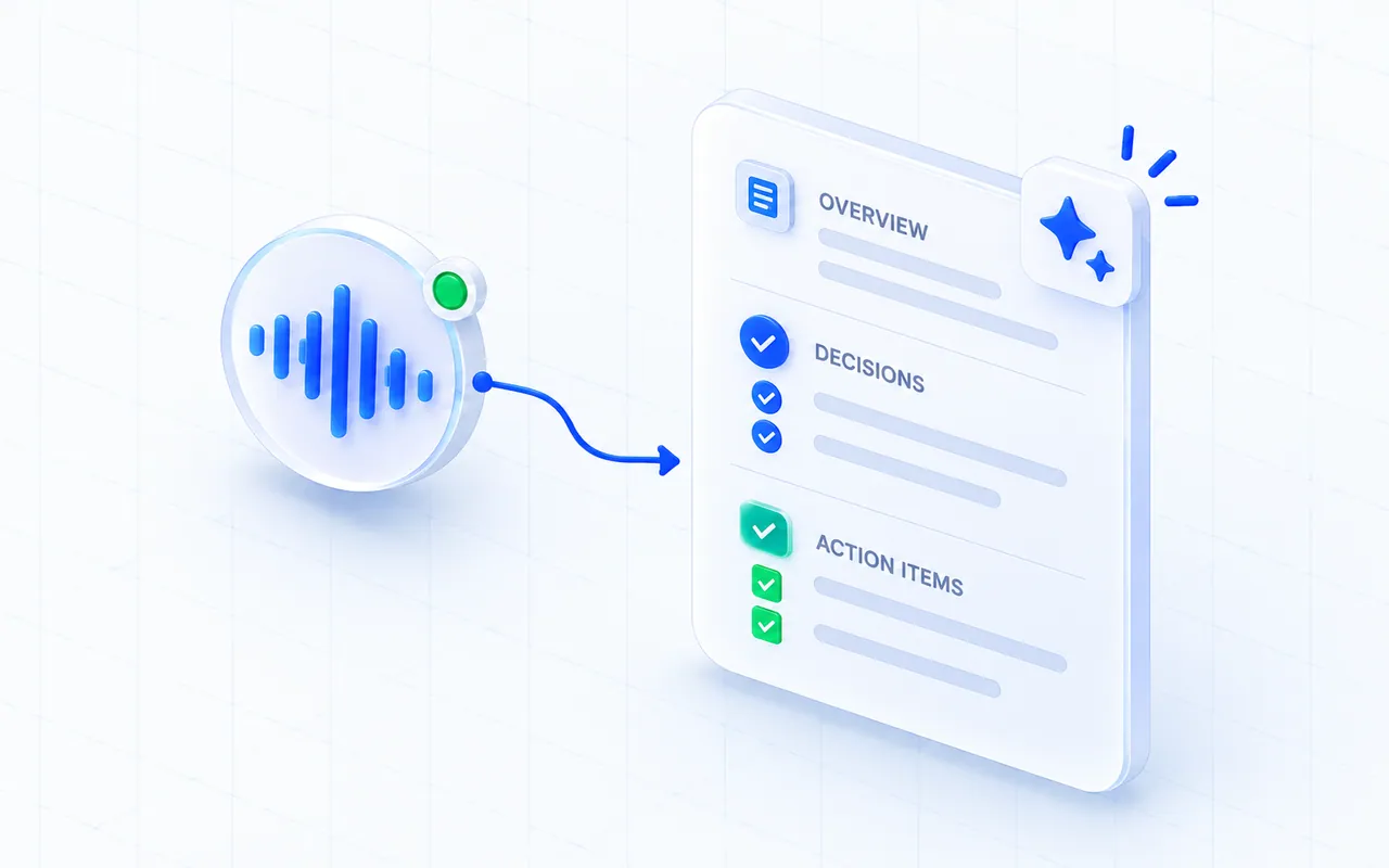 Illustration of an AI meeting summary with an overview, decisions, and action items