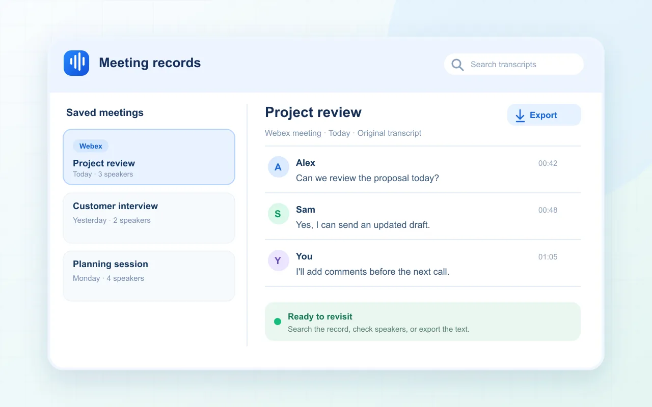 Illustration of a saved Webex transcript with searchable meetings, speaker labels, timestamps, and export