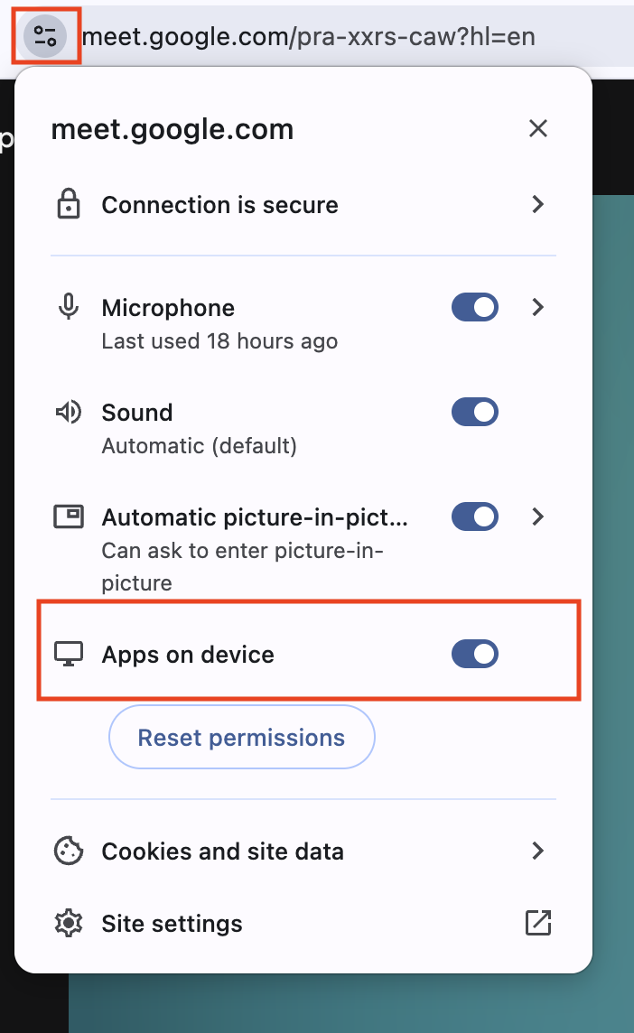 Chrome site information panel for meet.google.com, with the Apps on device permission switched on