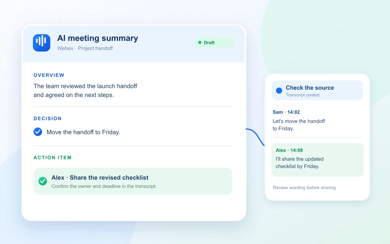 Illustration of a Webex AI summary with an overview, decision, and action item checked against speaker lines in the transcript