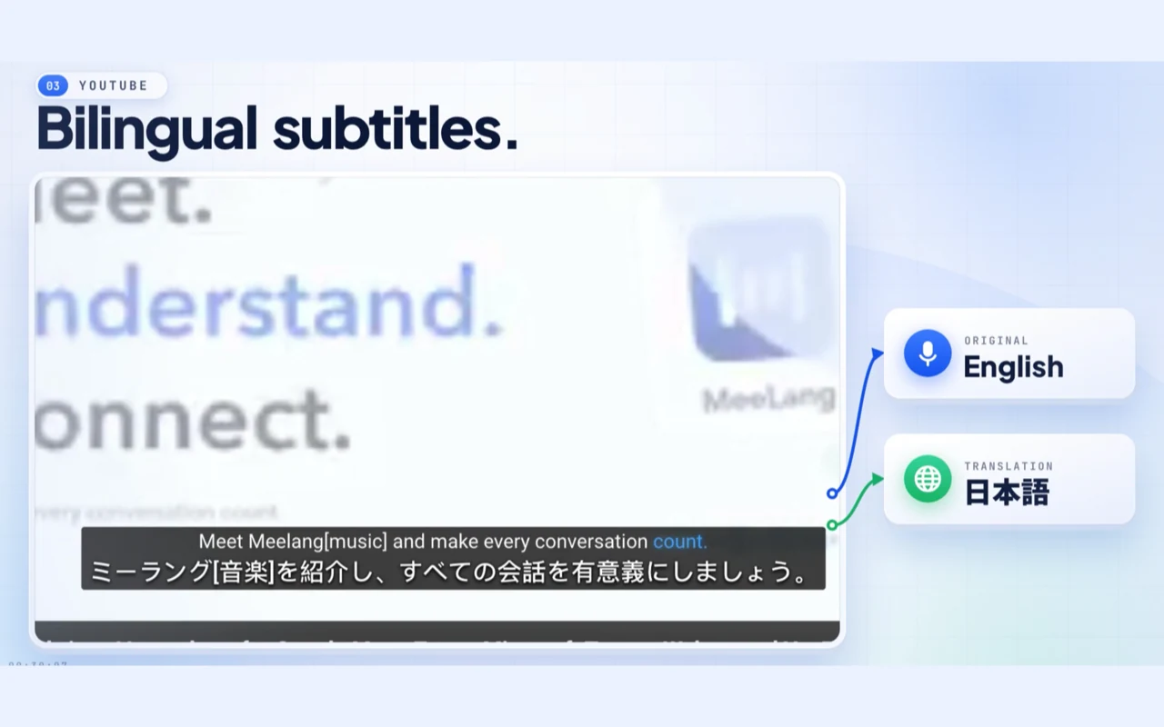 Sottotitoli bilingue MeeLang sovrapposti a un video YouTube